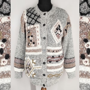 Chunky wool cardigan with embroidery, vintage women&#39;s knitted cardigan