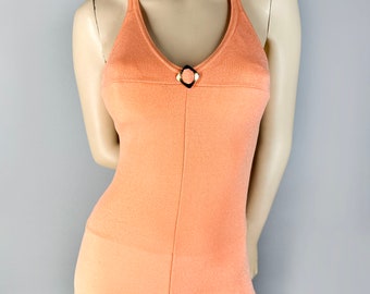 Vintage one piece swimsuit, shimmery peach monokini, women&#39;s swimwear with shorts, 80s bathing suit