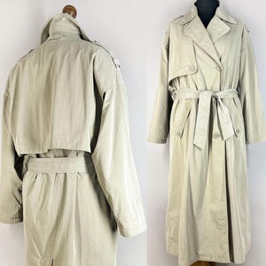 Double breasted trench coat grey-beige, vintage women&#39;s belted coat, 90s classic long trench with belt size L