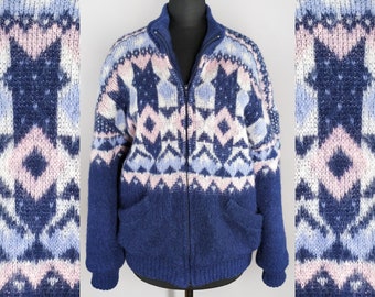 Vintage wool cardigan with zipper, fair isle women's cardigan