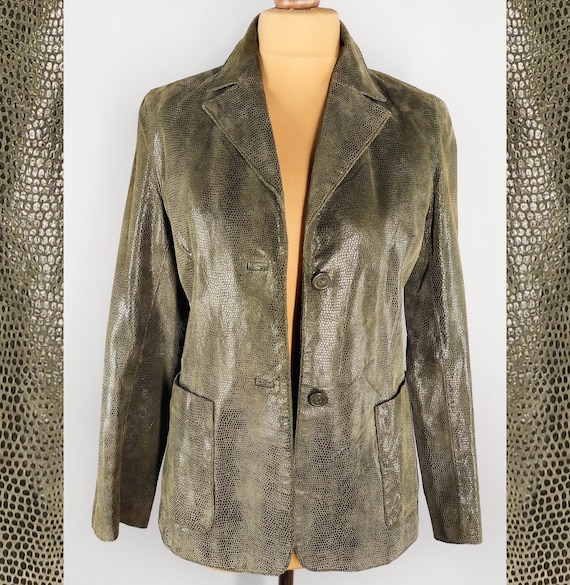 Vintage leather women's blazer, green snakeskin l… - image 1