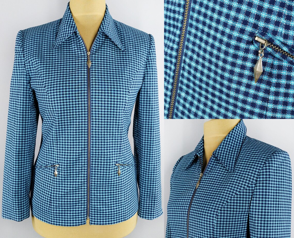 Vintage blue checkered blazer with zipper, foto 1 di 5