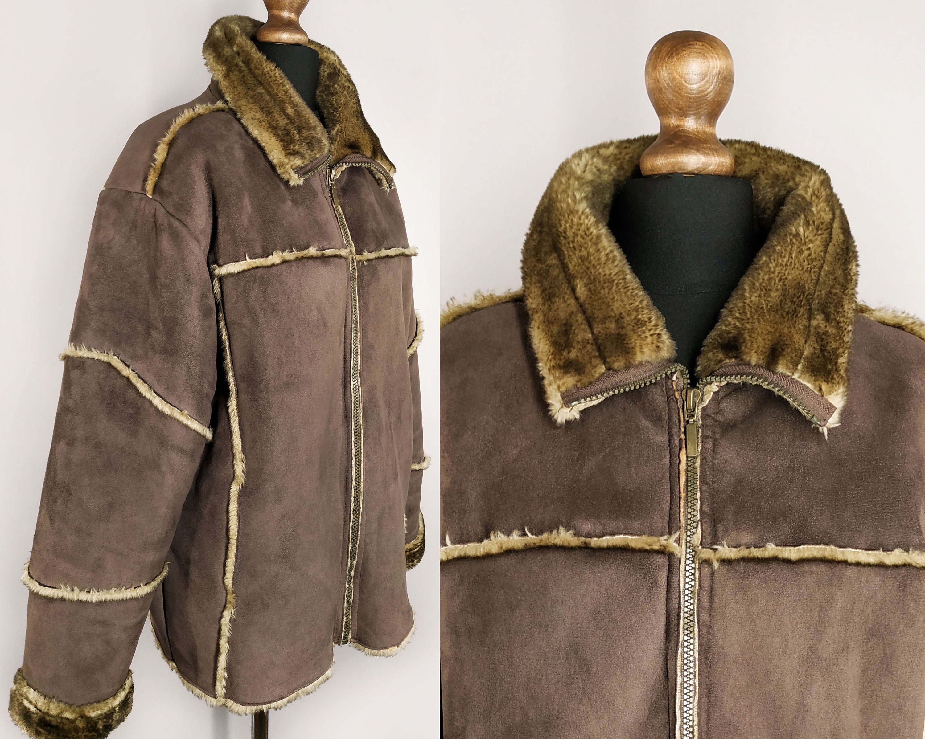 Vintage Shearling Jacket Brown Faux Sheepskin Coat 90s 