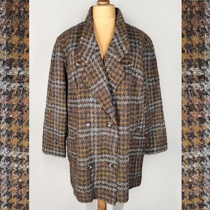 Double breasted wool blend coat, vintage oversized tweed coat, overcoat in houndstooth print, plus size jacket