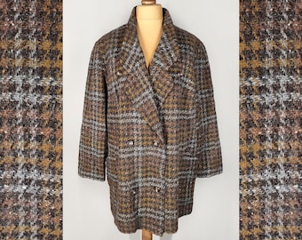 Double breasted wool blend coat, vintage oversized tweed coat, overcoat in houndstooth print, plus size jacket