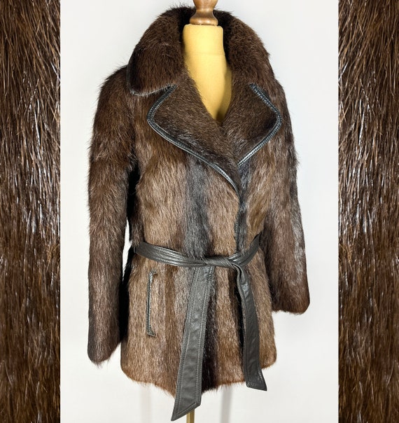 Vintage Belted Fur Coat, Nutria Winter Fur Jacket, Women's Real