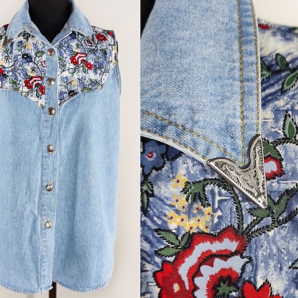 Floral denim top, vintage sleeveless jean shirt, western style blue denim blouse