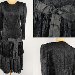 Vestido vintage de veludo preto com babados, vestido feminino de manga comprida com laço