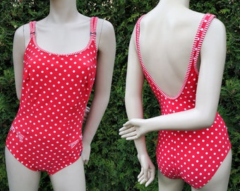 Vintage red polka dot one piece swimsuit, bright monokini