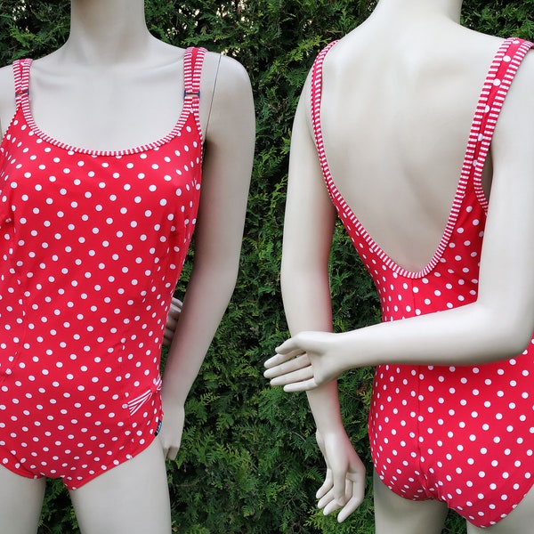 Vintage red polka dot one piece swimsuit, bright monokini