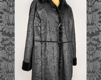 Vintage faux shearling coat, women's sheepskin coat, black damask sherpa jacket, 90s afghan winter coat