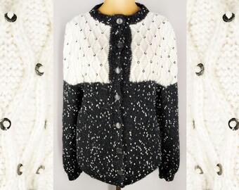 Knitted vintage cardigan with embellishments, black and white knit cardigan