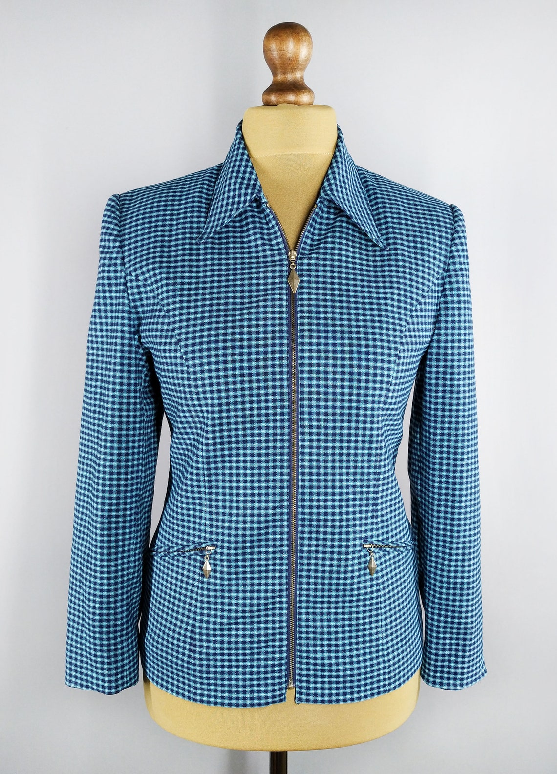 Vintage blue checkered blazer with zipper, foto 2 di 5