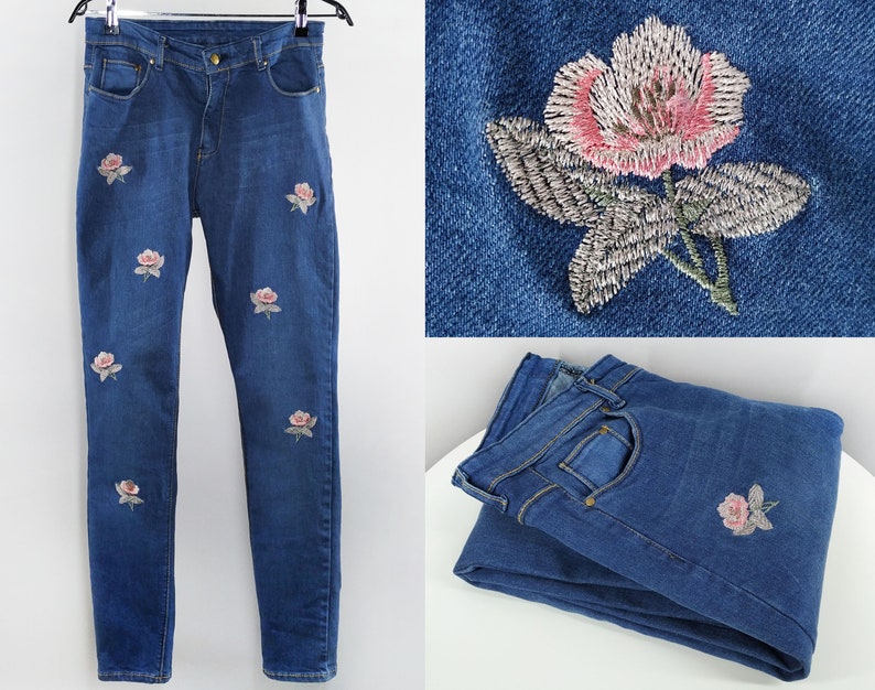 Vintage blue jeans with floral embroidery