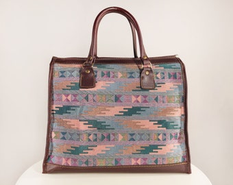 Tapestry travel bag, large vintage handbag, boho faux leather carryall shopper