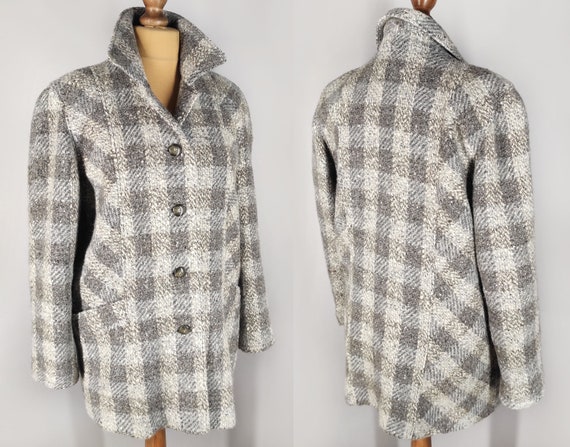 Checkered wool blend jacket, women's 80s tweed coat