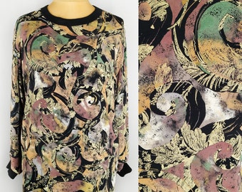 Long vintage blouse in psychedelic print, retro tunic top
