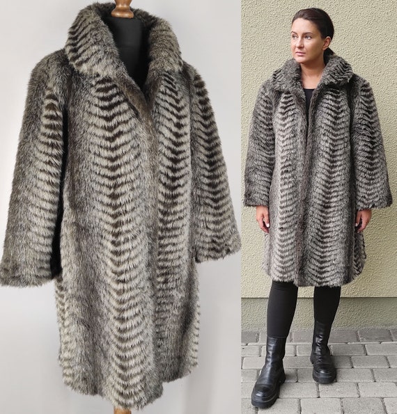 Vintage gray faux fur coat, animal print women's … - image 1