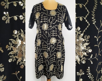 Indian vintage tunic with gold sequins, embellished women's mini dress