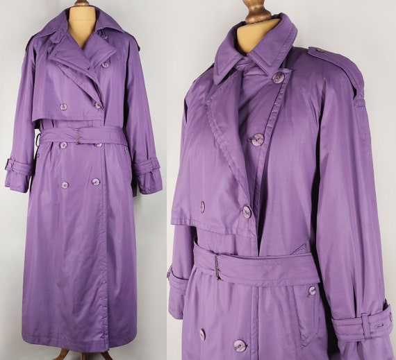 Vintage women's trench coat with belt, bright double breasted coat, long belted 90s coat