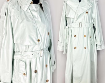 Vintage langer Herren Trenchcoat, zweireihiger Trenchcoat, 80er Jahre Gürtel, mintfarbener Mantel mit Gürtel