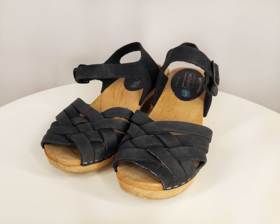 Swedish vintage clogs, black suede leather clog s… - image 3