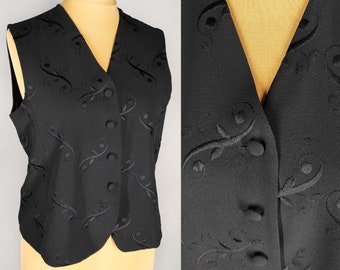 Black vintage vest with embroidery, women's formal 80s waistcoat