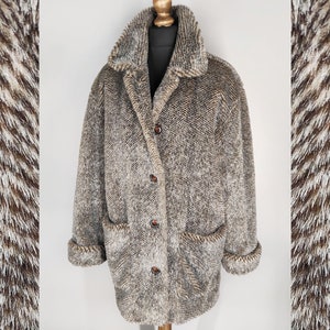 Vintage faux fur coat, 90s beige gray fur coat, women&#39;s winter jacket