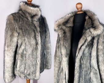 Vintage faux fur jacket, Y2K women's jacket, 2000s gray winter jacket