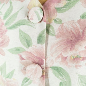 May include: A white fabric with a floral pattern in shades of pink, green, and yellow. The fabric has two large buttons.