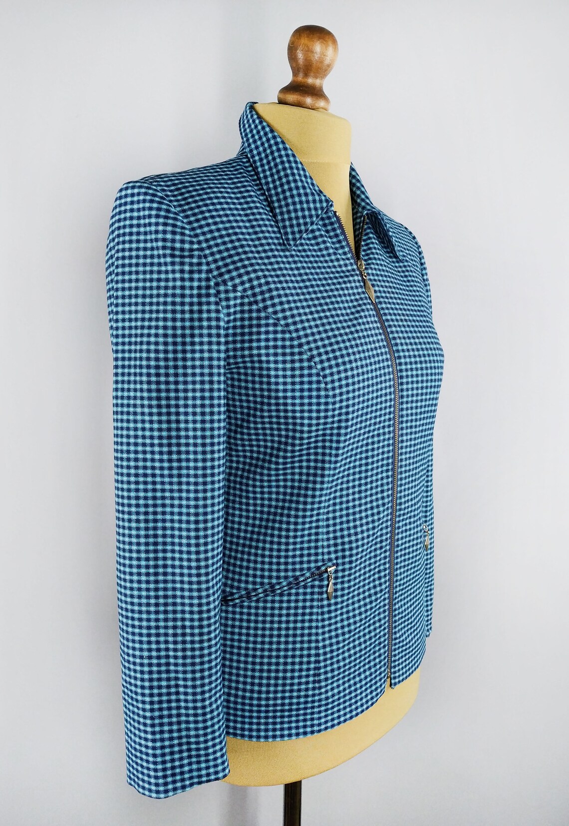 Vintage blue checkered blazer with zipper, foto 3 di 5
