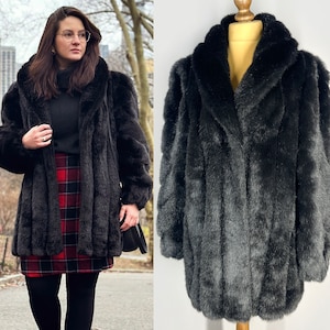 Vintage faux fur coat in dark brown, women's faux mink jacket, winter 90s overcoat