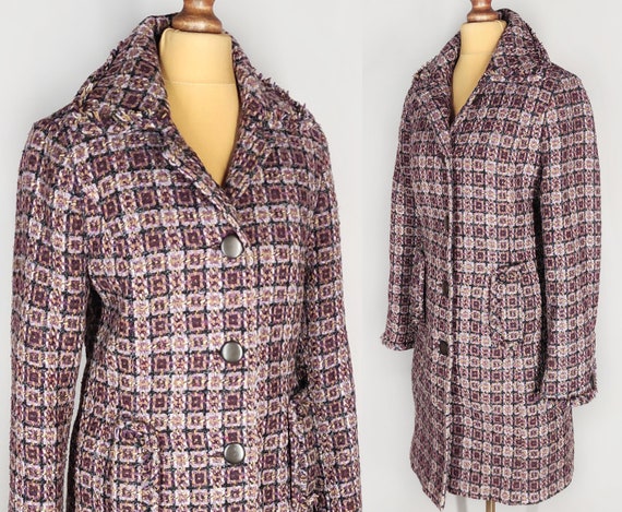 Tweed vintage coat, women's wool blend overcoat in purple and lilac