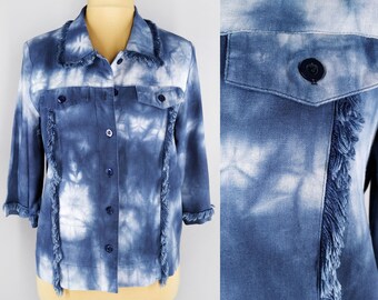 Vintage tie dye shirt, blue women's blouse with fringe