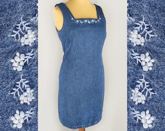 Vestido vaquero azul con bordado floral, minivestido vaquero vintage bordado