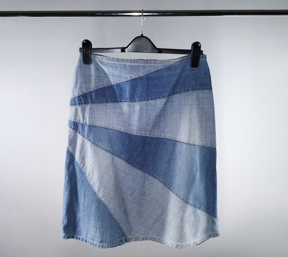 Vintage blue denim patchwork skirt