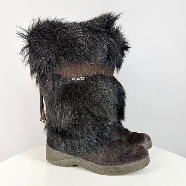 Vintage after ski fur boots, Tecnica brown snow boots, Apres ski winter boots