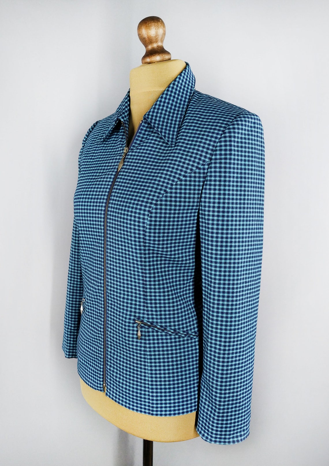 Vintage blue checkered blazer with zipper, foto 4 di 5