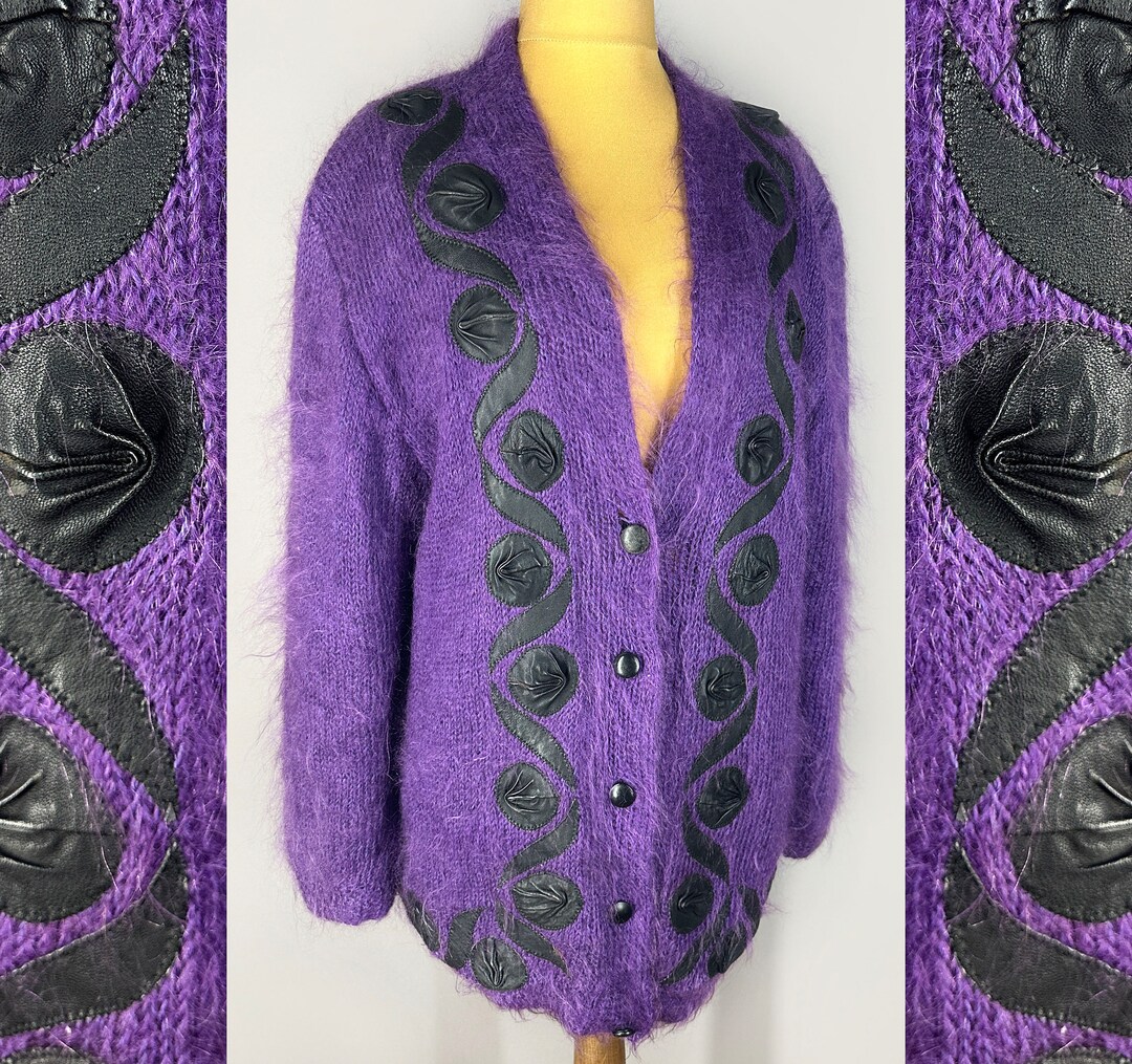 Vintage Long Mohair Cardigan, Knitted Oversized Cardigan With Leather ...