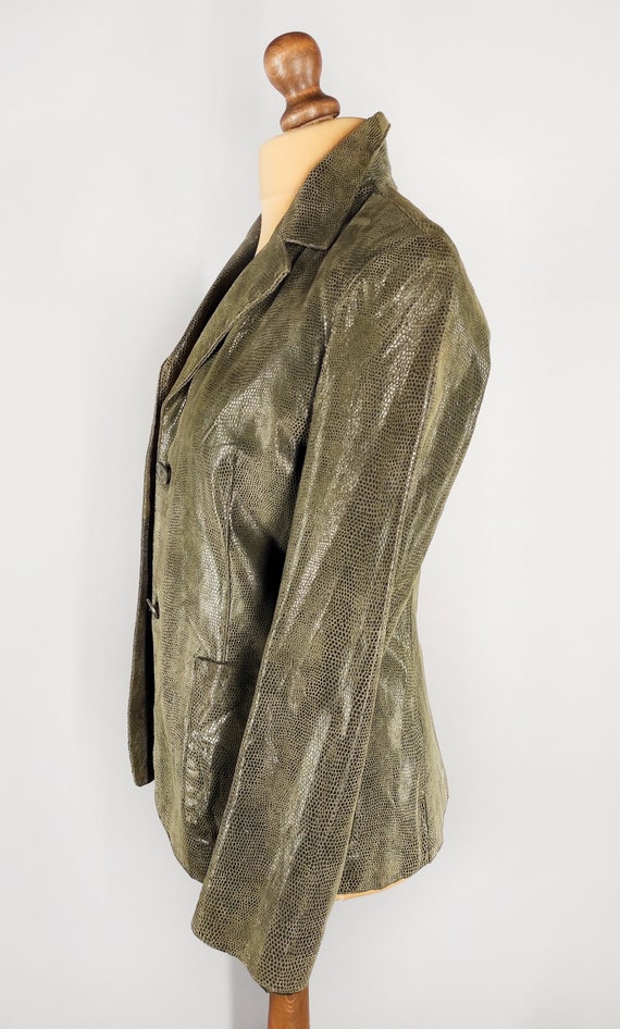 Vintage leather women's blazer, green snakeskin l… - image 5