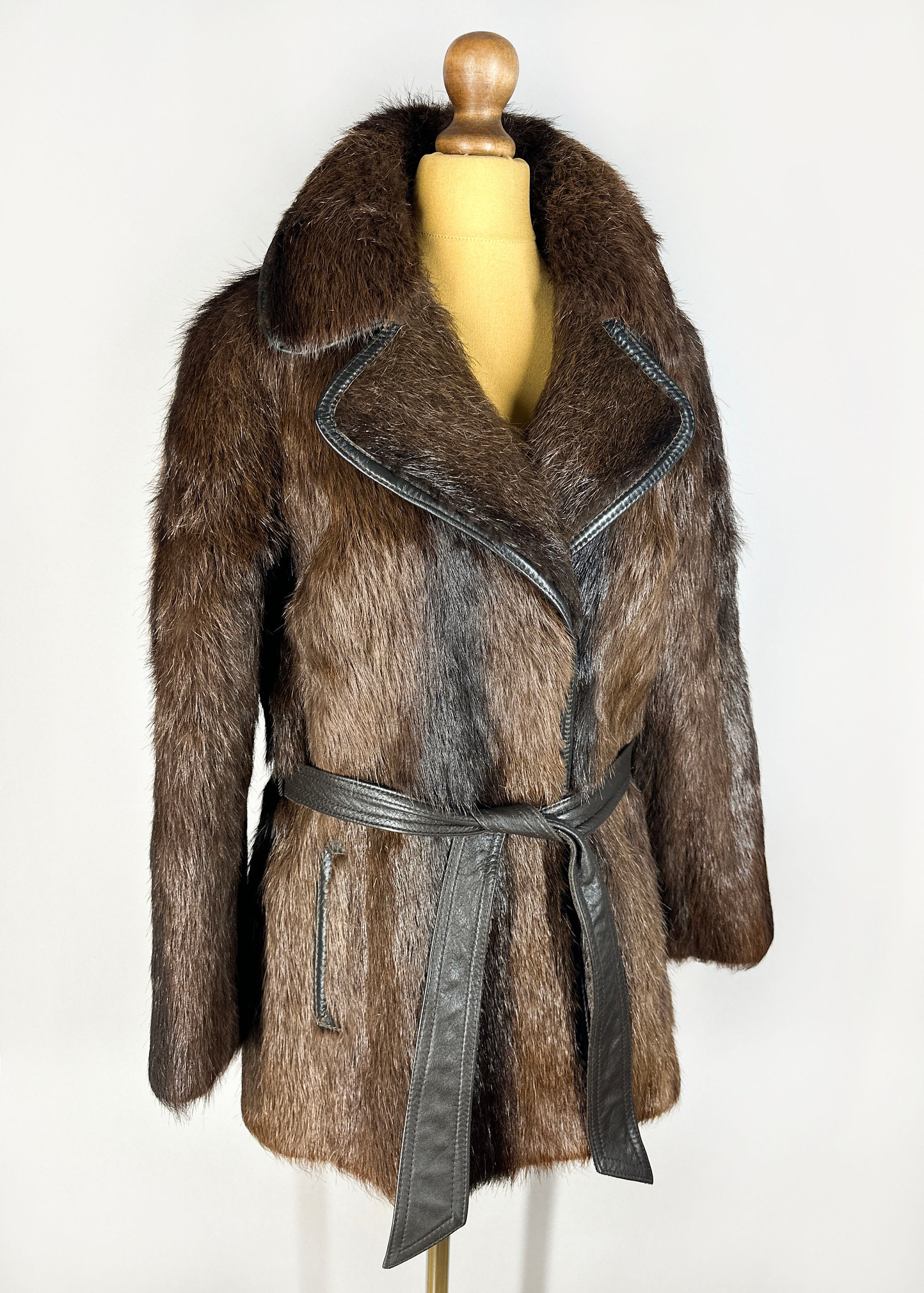 Vintage Belted Fur Coat, Nutria Winter Fur Jacket, Women's Real