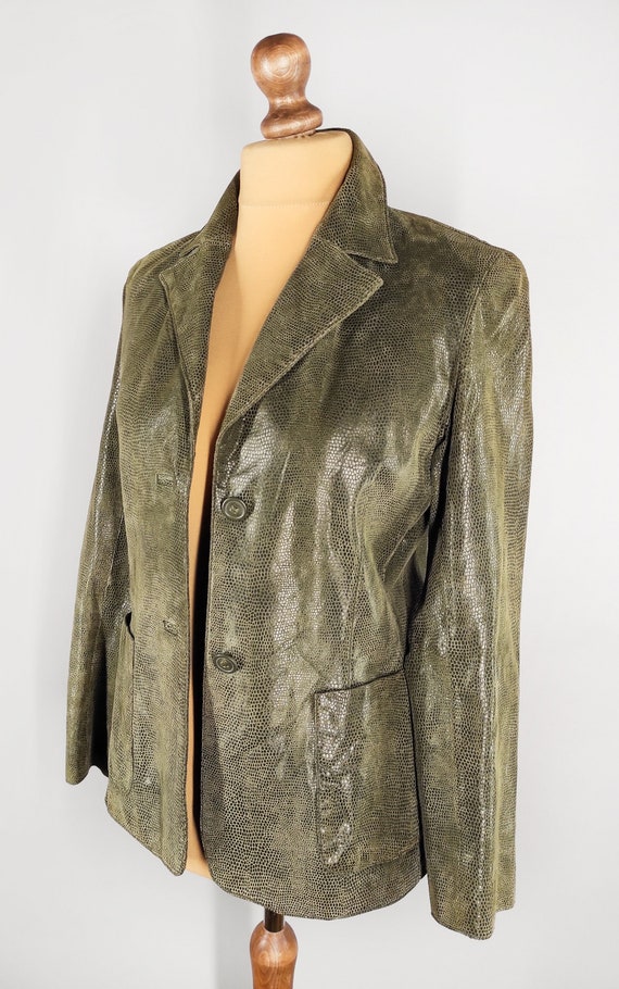 Vintage leather women's blazer, green snakeskin l… - image 4