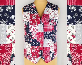 Vintage patchwork-väst, färgglad 80-talsväst för kvinnor, bohemisk väst med blandade tryck