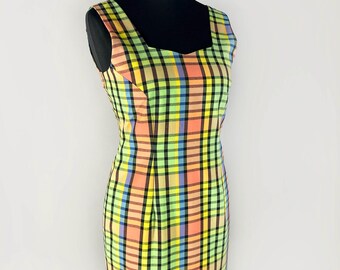 Checkered Bodycon Dress, Vintage Women's Colorful Dress in Check Print, 80s Sleeveless Summer Dress