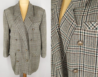 Oversized vintage blazer, double breasted women's blazer in plaid print