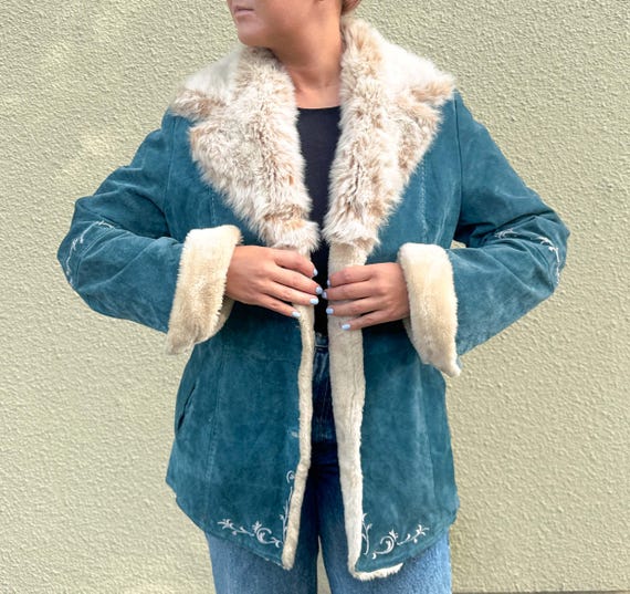 Suede leather embroidery jacket, vintage penny lane jacket, 90s short bohemian coat with faux fur