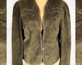 Chaqueta vintage de ante y piel, blazer de mujer de piel auténtica con hombros abullonados, blazer corto de los años 90 en color oliva.
