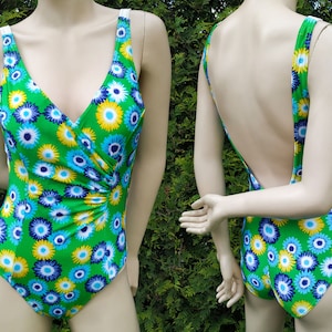 Vintage one piece swimsuit, women's floral bathing suit, mod style open back monikini