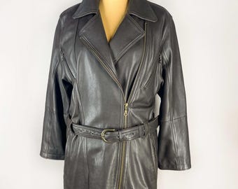 May include: A dark gray leather jacket with a notched collar, asymmetrical zipper closure, and a matching belt. The jacket has long sleeves and a classic biker style. The belt has a metal buckle.