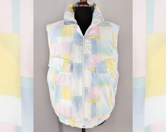 Vintage pastel puffer vest, insulated colorful waistcoat, women's color block sports vest